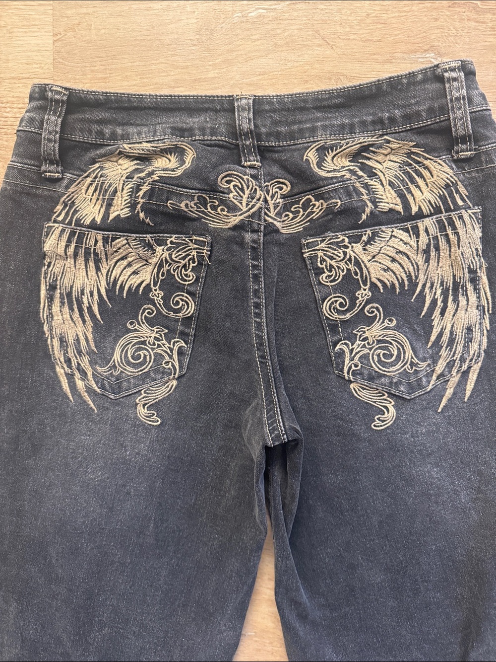 Women's Dark Blue Flare Jeans with Cream Wing Embroidery